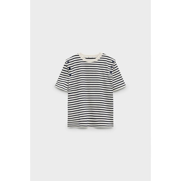 Zara Navy and Cream Striped Snap Button Shoulder Short Sleeve Shirt (NWT) - Picture 4 of 4